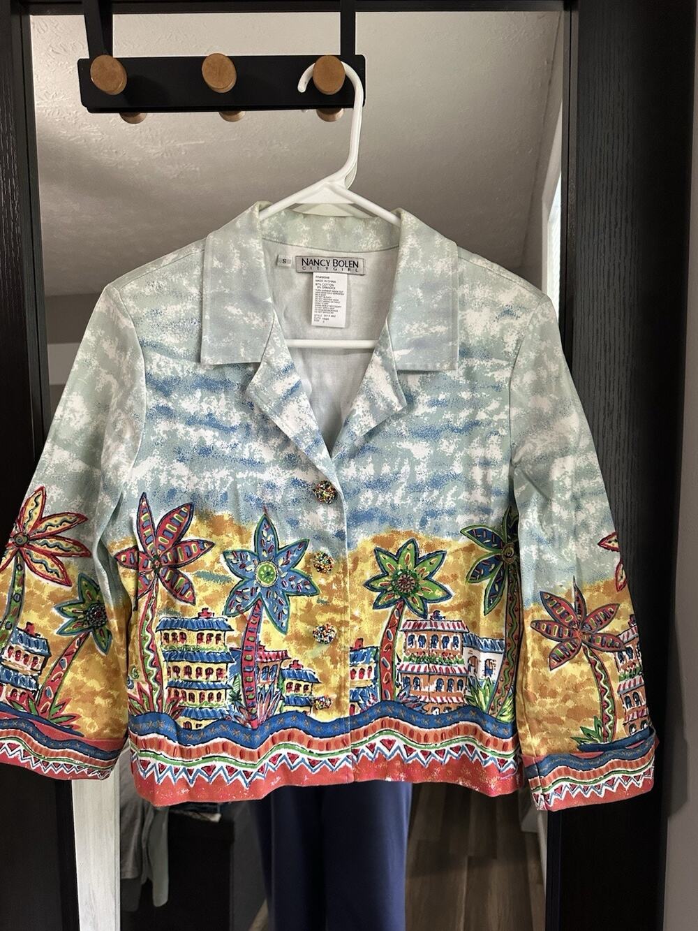 VTG Nancy Bolen City Girl Jacket Travel Scene Beaded Colorful Artsy Boho Sz S